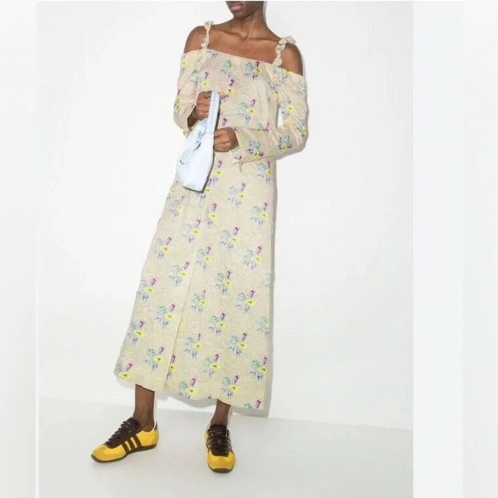 NWT GANNI - Ganni Floral Off the Shoulder Long Sleeve Crinkled Satin Maxi Dress - Picture 7 of 9